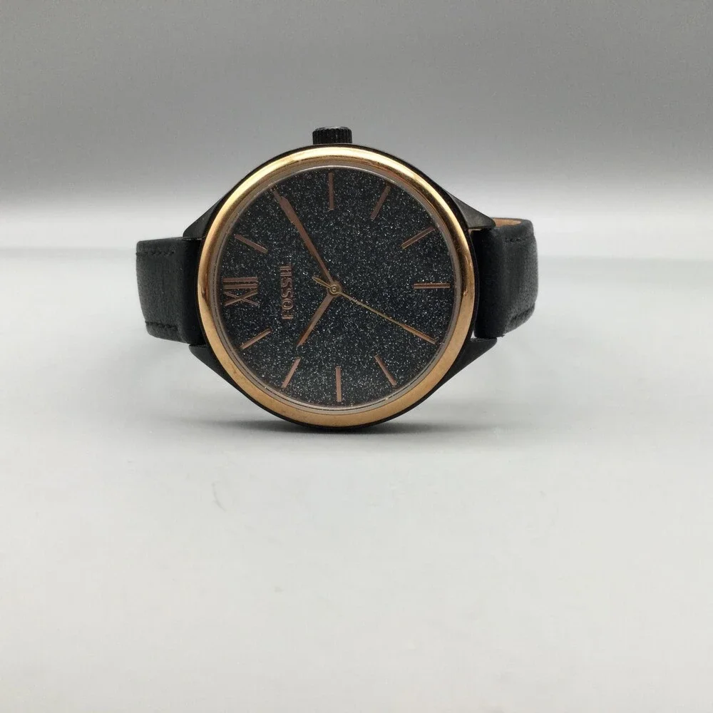 Fossil Womens Watch 36mm Gray Glitter Dial Black Leather BQ3117 New Battery